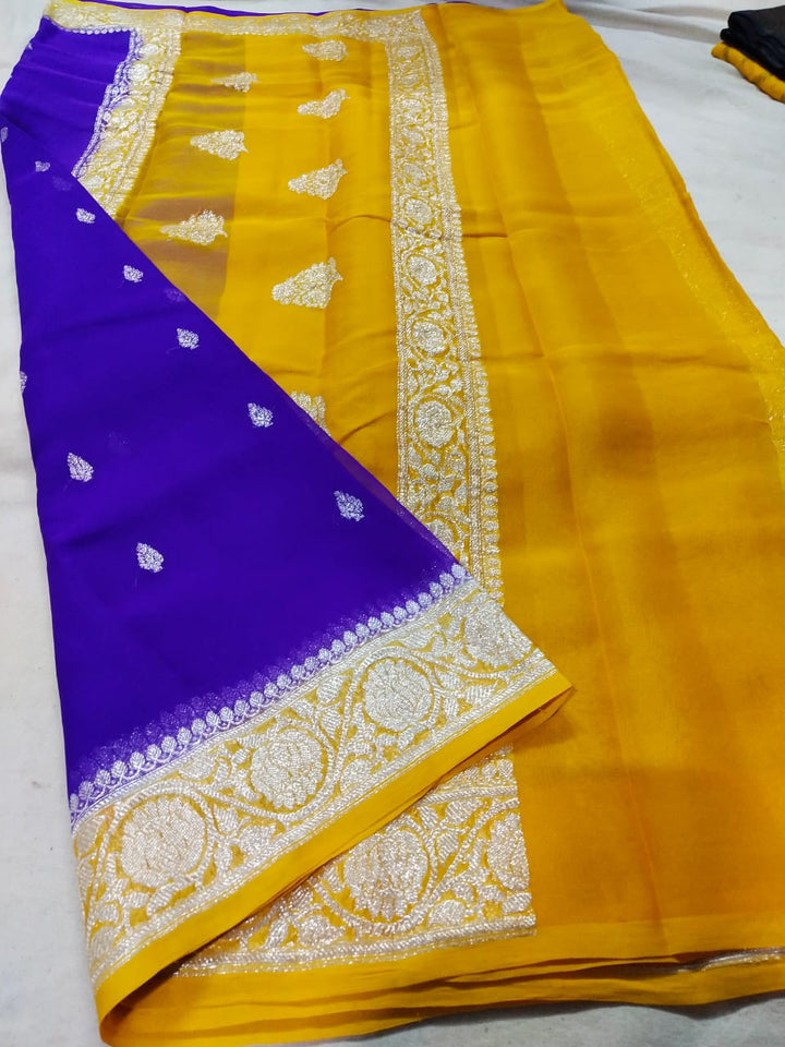 Pure Hand loom  Khaddi Georgette Saree with Silver Zari Weaving blouse  ( length- 6.3 meter )
