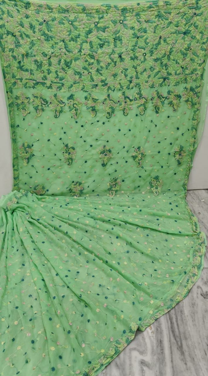 Pure Chiffon Georgette Chikankari Keel jaal work saree