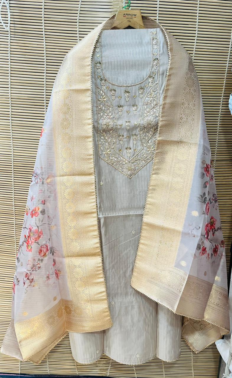 Modal Silk Leheriya Stripe unstitched suit with organza printed dupatta