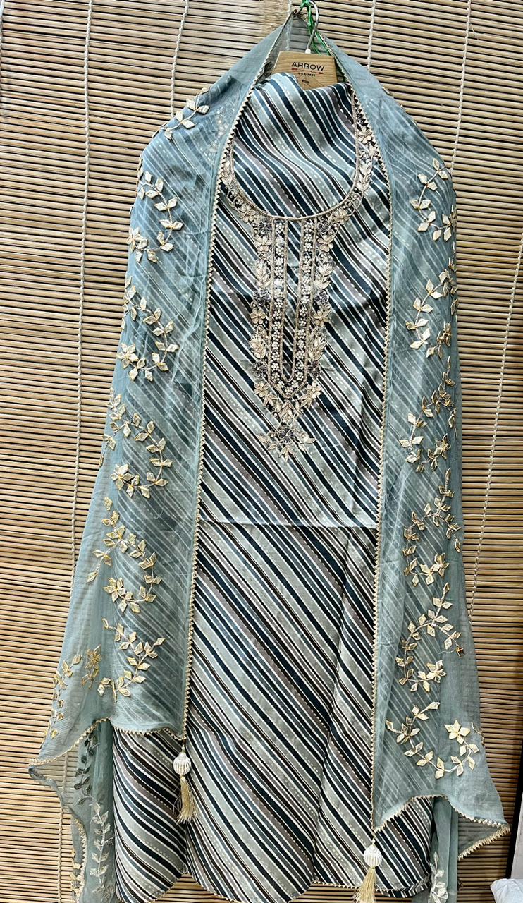 Modal Silk Leheriya Stripe unstitched suit with chiffon dupatta