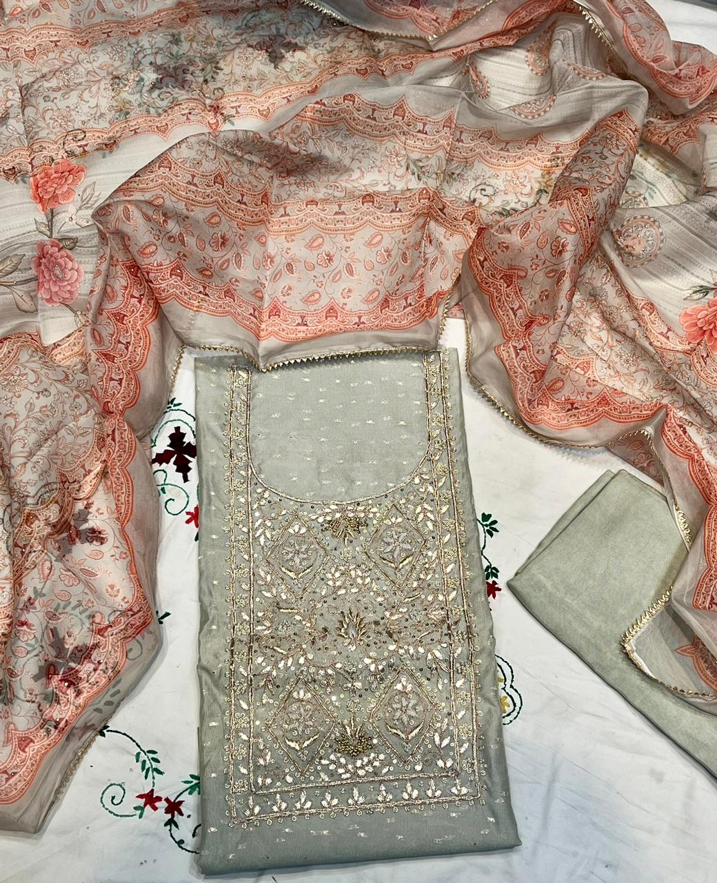 Chanderi silk unstitched gota work suit organza printed dupatta