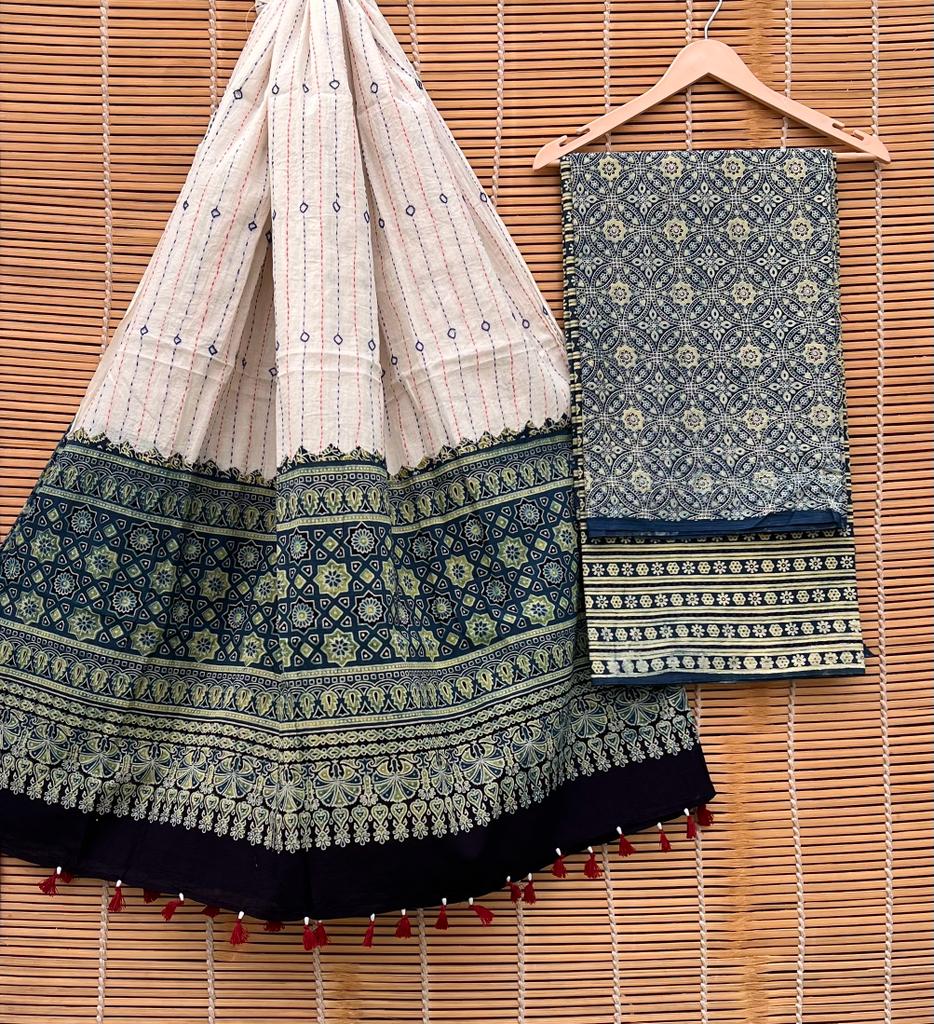 Pure Cotton Azrakh Print Unstitched suit With Handkantha Work Azrakh Pallu Dupatta.