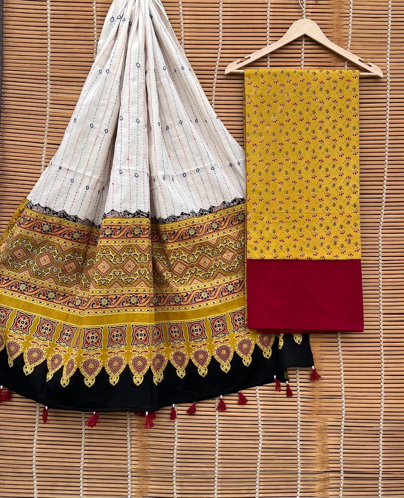 Pure Cotton Azrakh Print Unstitched suit With Handkantha Work Azrakh Pallu Dupatta.