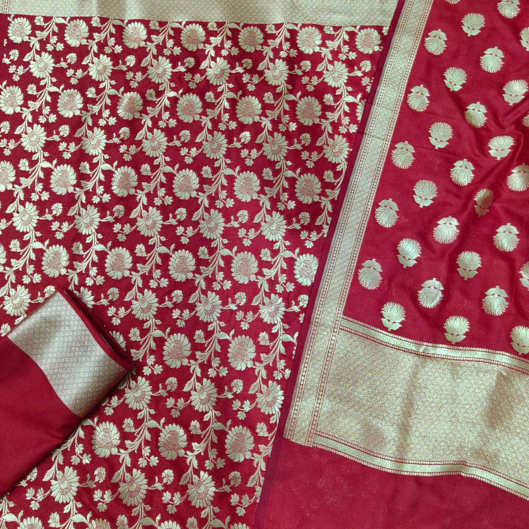 Red Color Banarasi Katan Silk Unstitched suit with Zari work