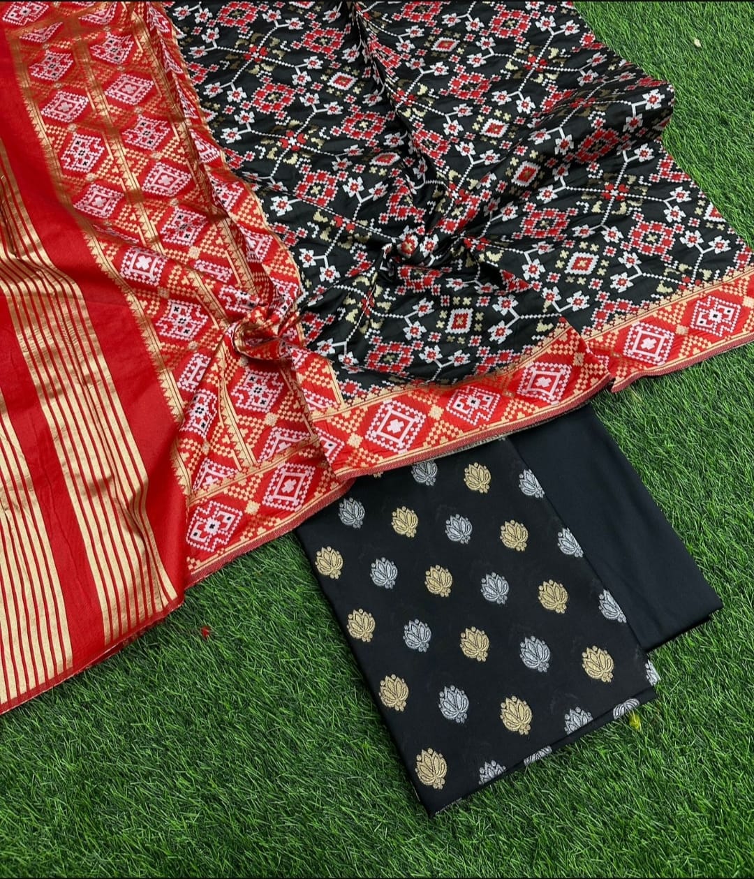 Banarasi Katan Silk Unstitched Suit with patola weaving
