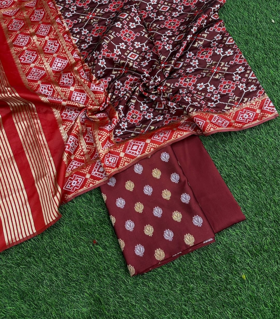 Banarasi Katan Silk Unstitched Suit with patola weaving