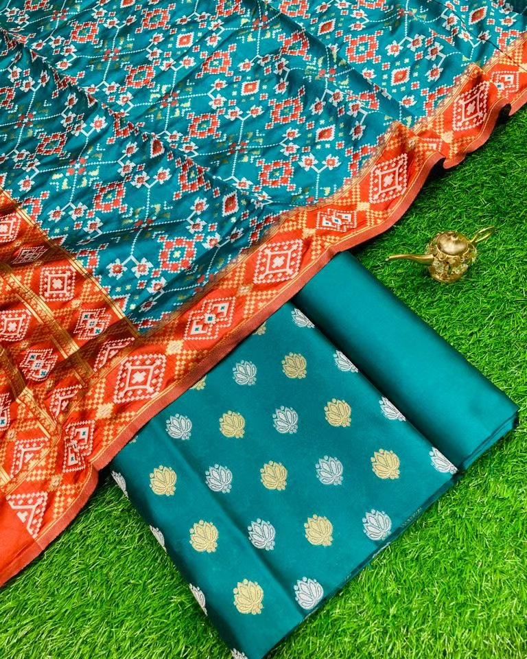 Banarasi Katan Silk Unstitched Suit with patola weaving