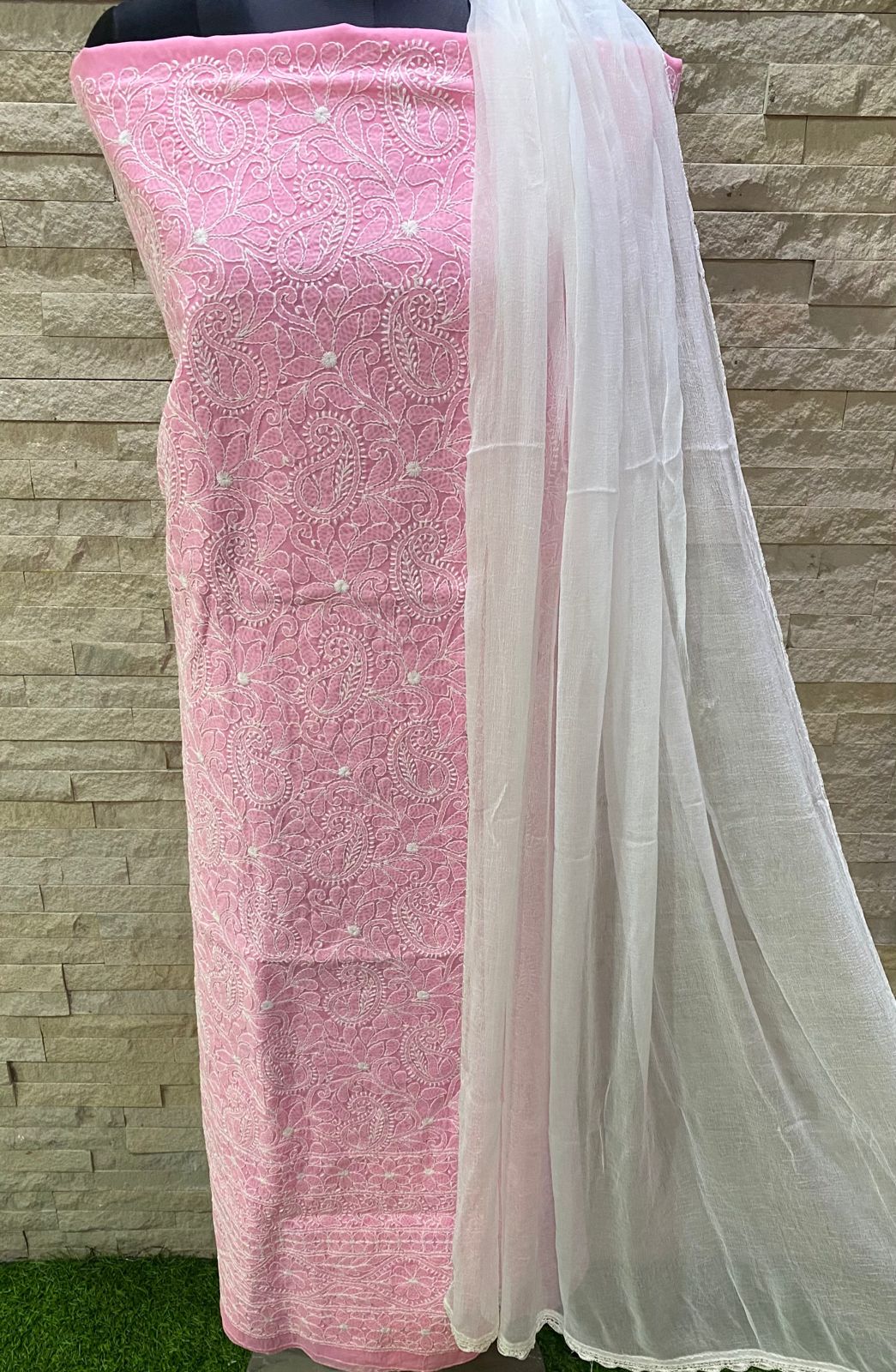 Pure cotton chikankari work unstitched suit with chiffon dupatta