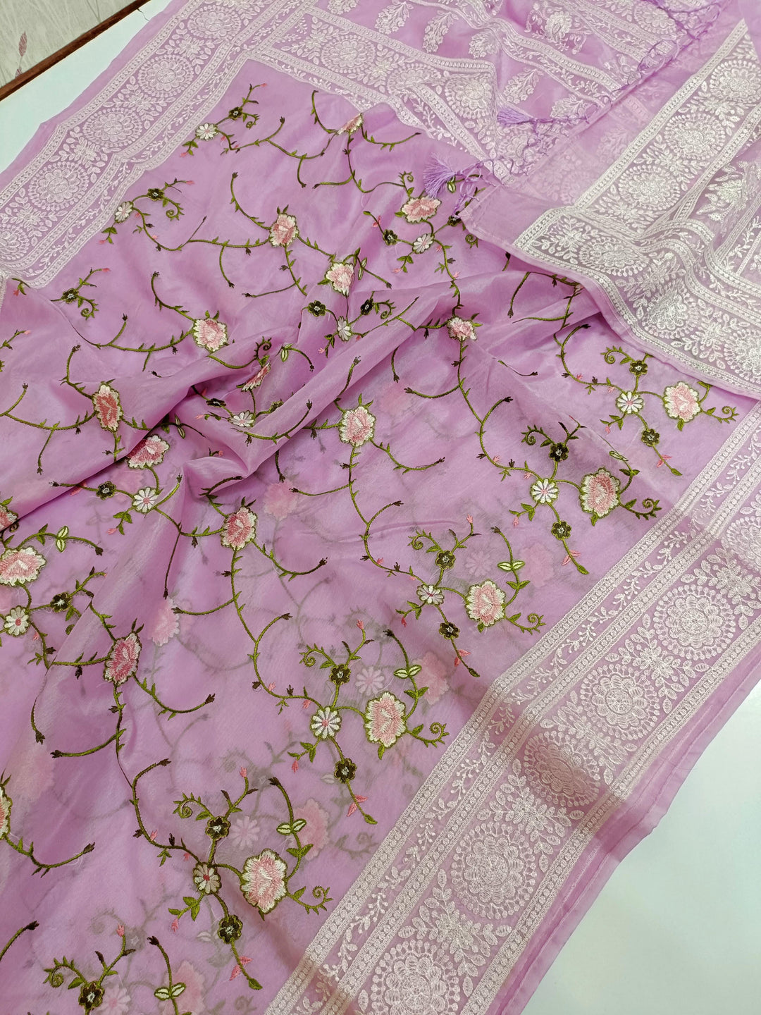 Banarasi Semi Kora Organza Chikan work Silk saree with Silver Zari( length- 6.3 meter )