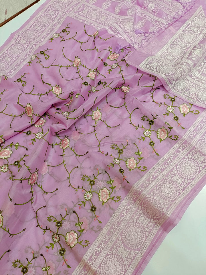 Banarasi Semi Kora Organza Chikan work Silk saree with Silver Zari( length- 6.3 meter )