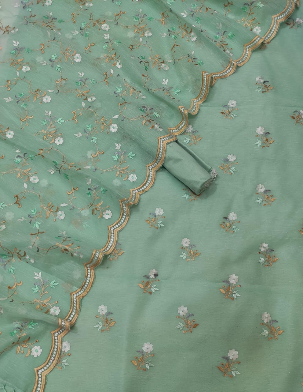 Green Color Pure Banarasi Linen Silk Unstitched Suit