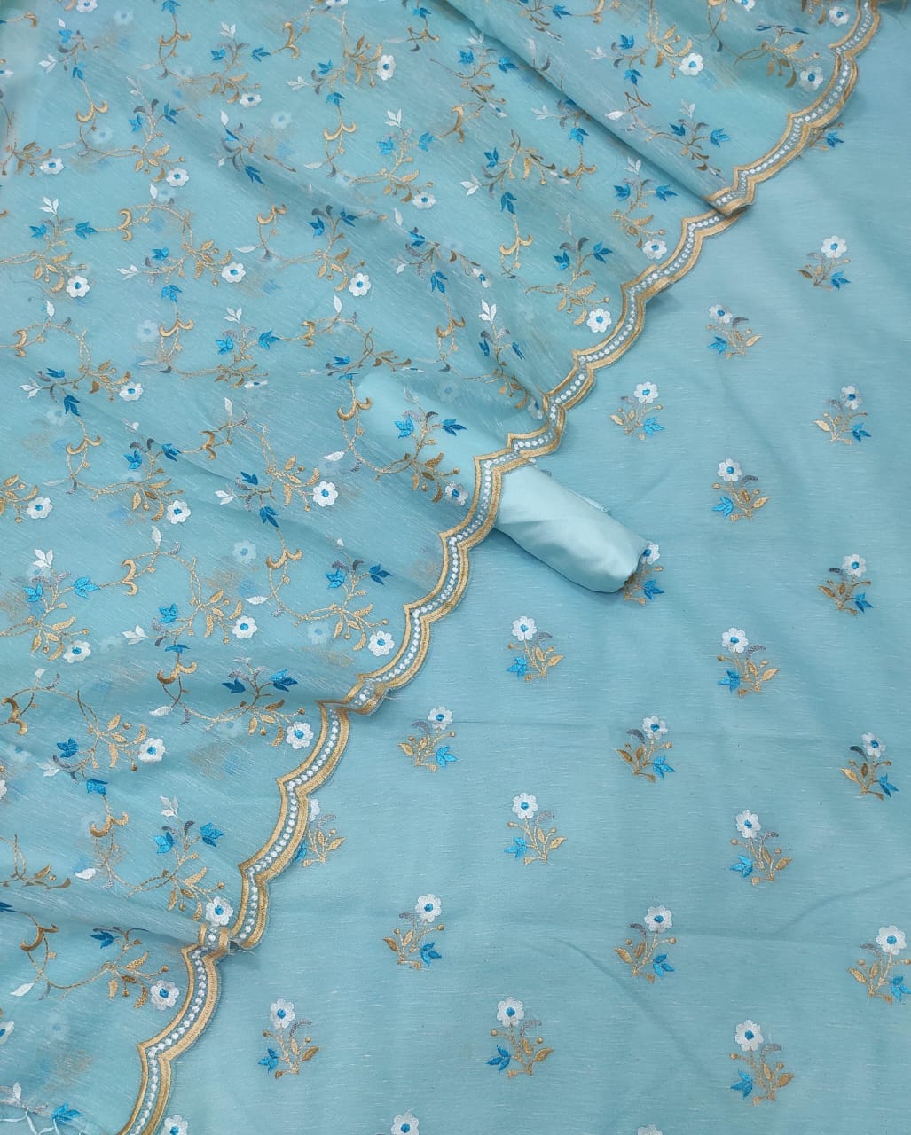 Turquoise Color Pure Banarasi Linen Silk Unstitched Suit