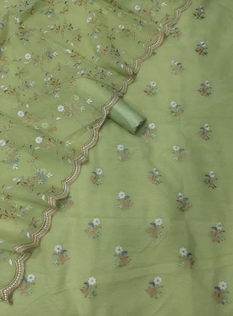 Green Color Pure Banarasi Linen Silk Unstitched Suit