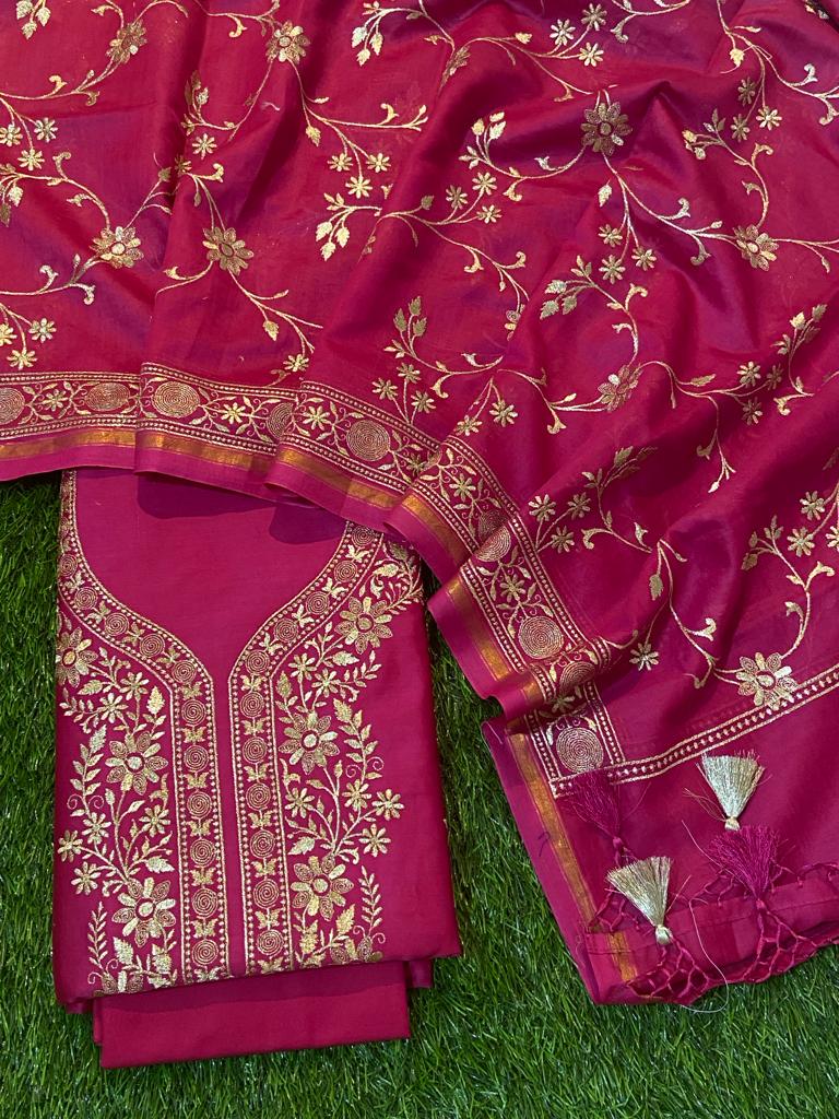Pure Banarasi Chanderi silk Resham Zari Weaved Unstitched Suit