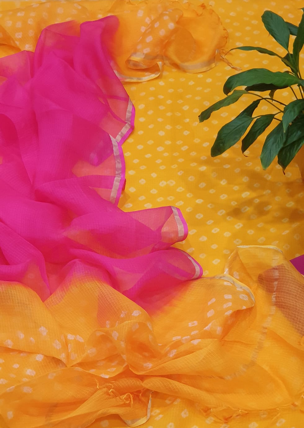 Yellow Color Kota silk Bandhej Pattern Unstitched Suit