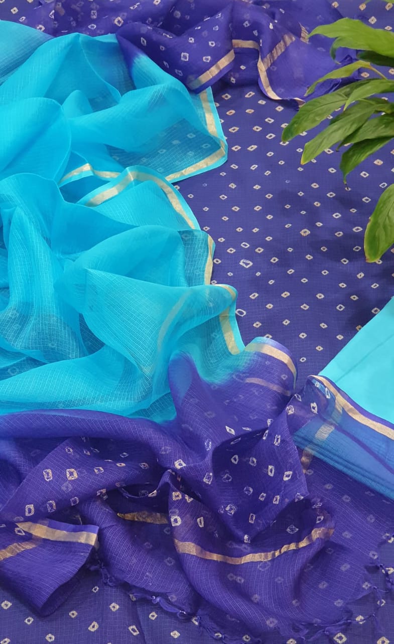 Blue Color Kota silk Bandhej Pattern Unstitched Suit