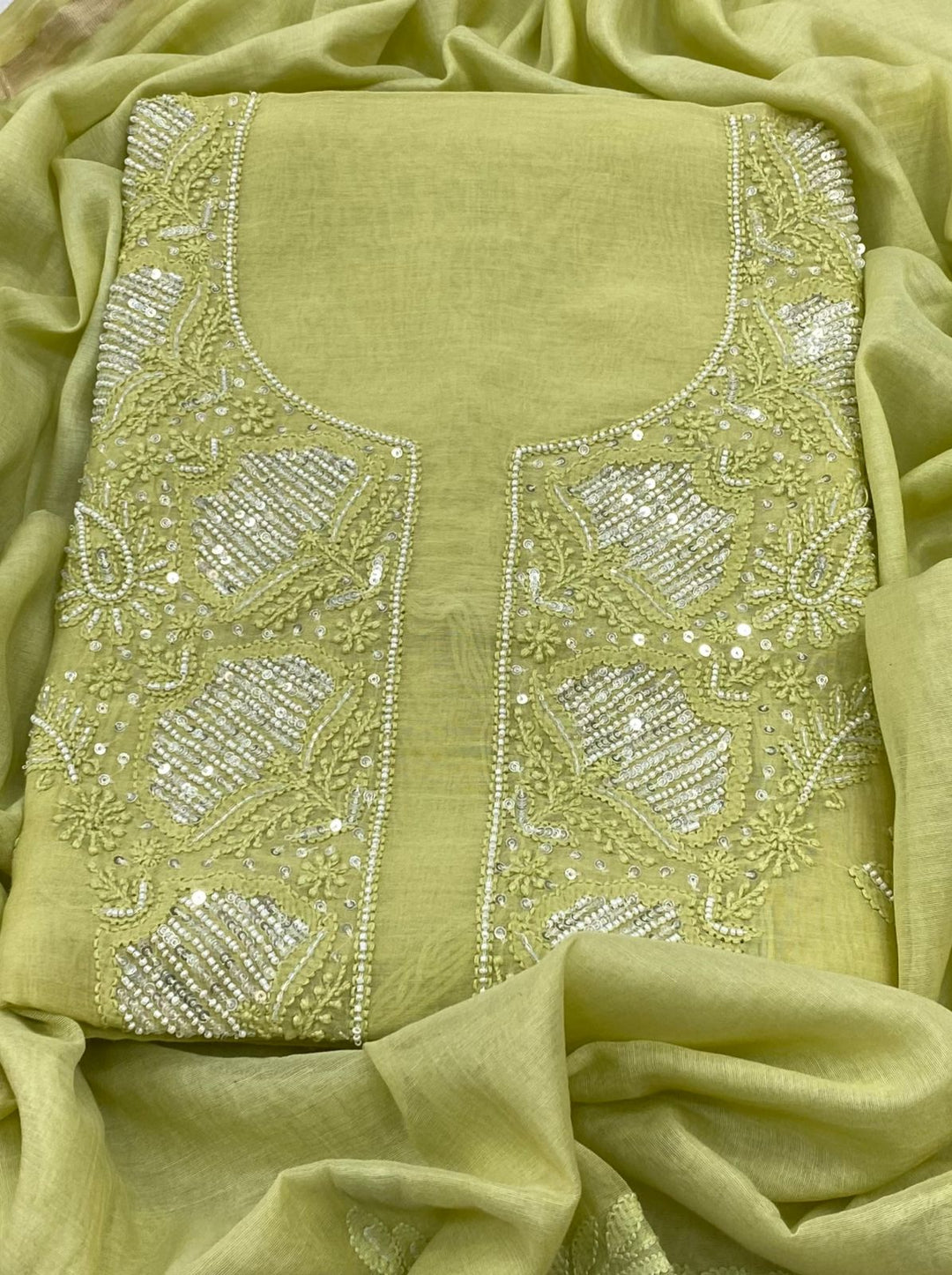 Green Color Pure Mul Mul Chikankari and pearl cutdana Work Unstitched Suit