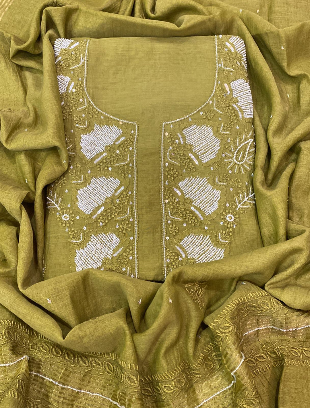 Olive Green Color Pure Mul Mul Chikankari and pearl cutdana Work Unstitched Suit