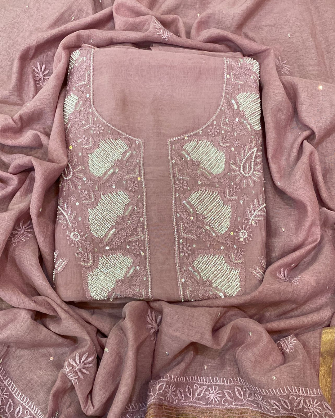 Brown Color Pure Mul Mul Chikankari and pearl cutdana Work Unstitched Suit