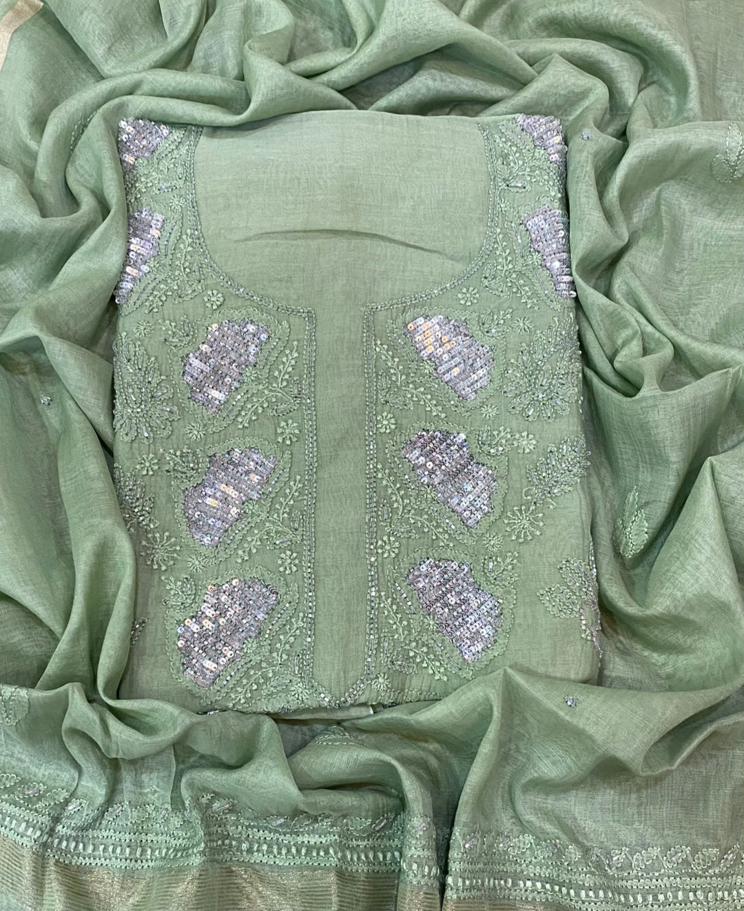 Green Color Pure Mul Mul Chikankari and pearl cutdana Work Unstitched Suit