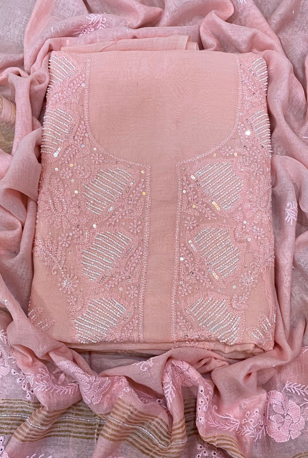 Peach Color Pure Mul Mul Chikankari and pearl cutdana Work Unstitched Suit