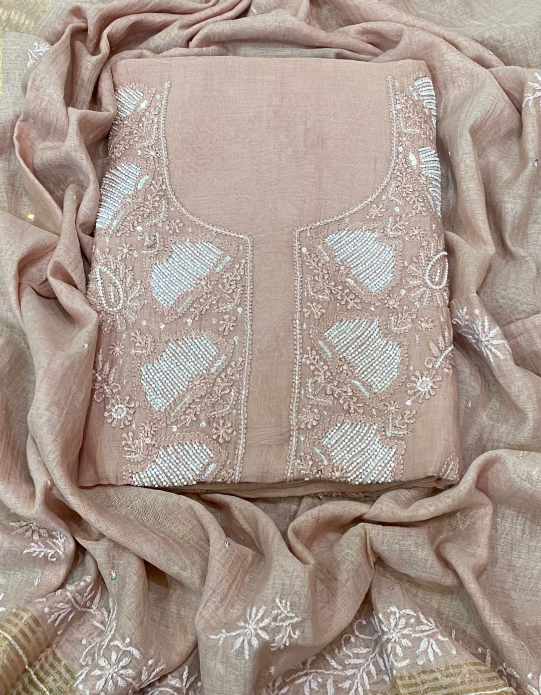 Beige Color Pure Mul Mul Chikankari and pearl cutdana Work Unstitched Suit