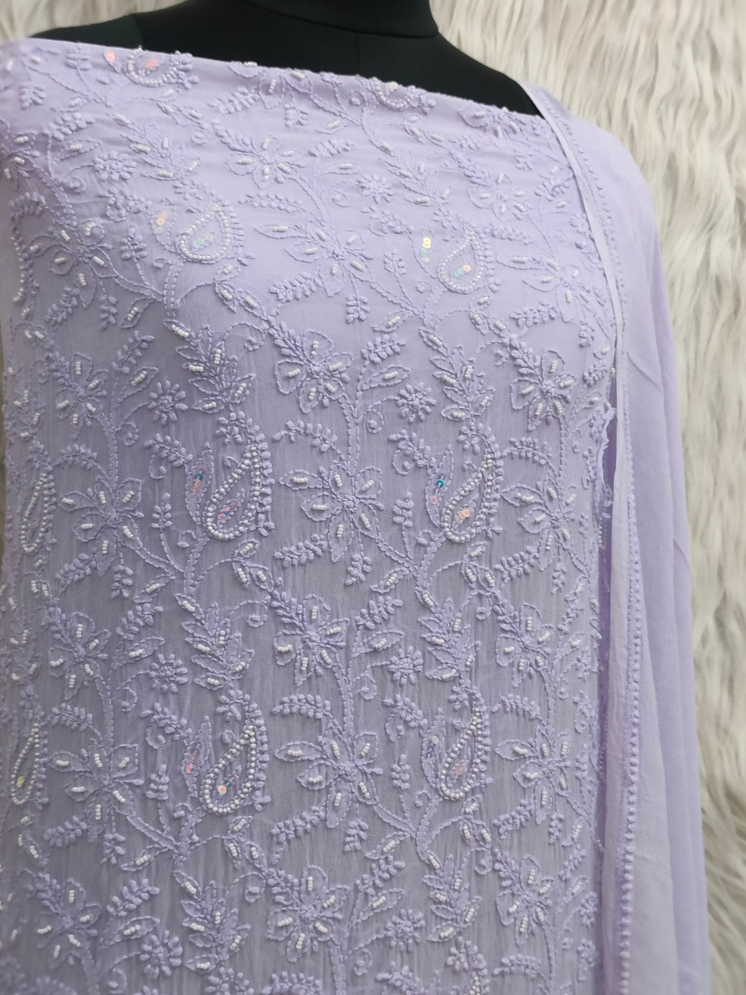 Pure 50 gram Georgette Chikankari and pearl cutdana Work Unstitched Suit