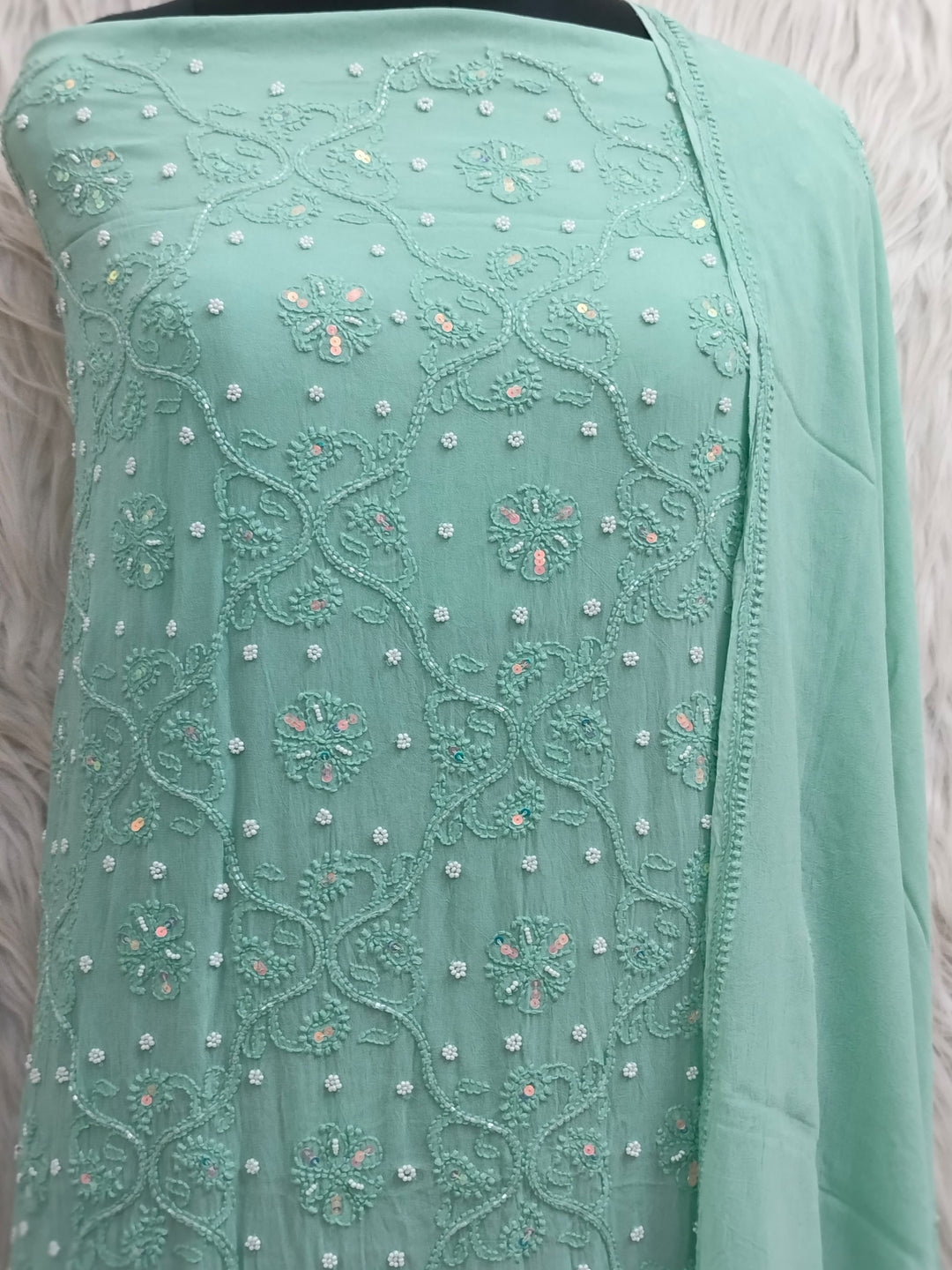 Pure 50 gram Georgette Chikankari and pearl cutdana Work Unstitched Suit