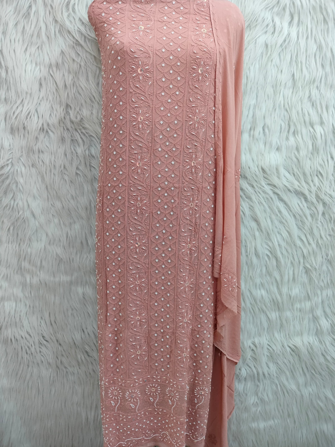 Pure 50 gram Georgette Chikankari and pearl cutdana Work Unstitched Suit