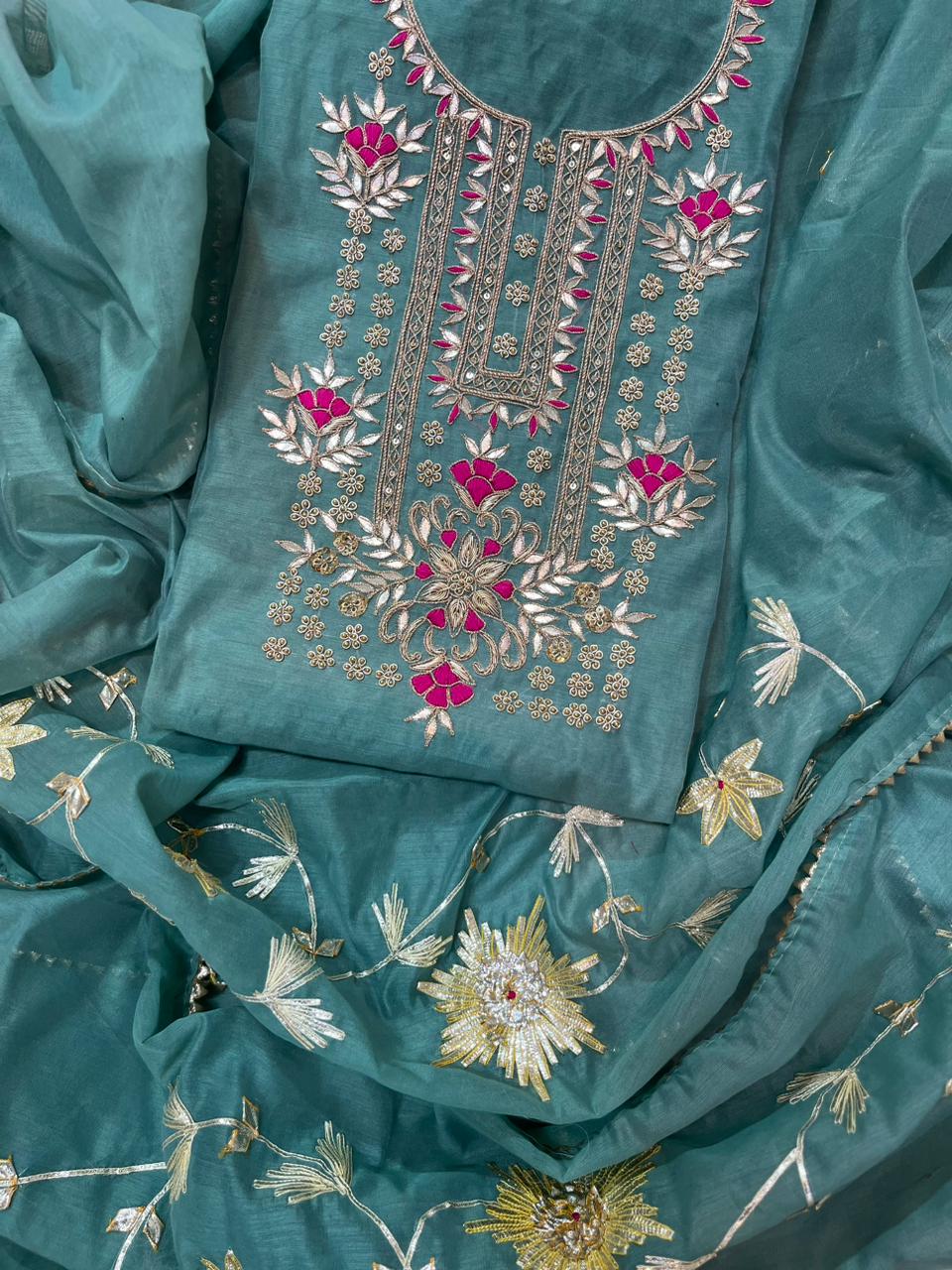 Organza Hand work unstitched kurta and dupatta with zardosi work