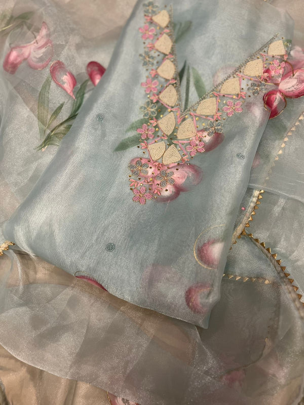 Organza Hand brush painted unstitched kurta and dupatta with moti work