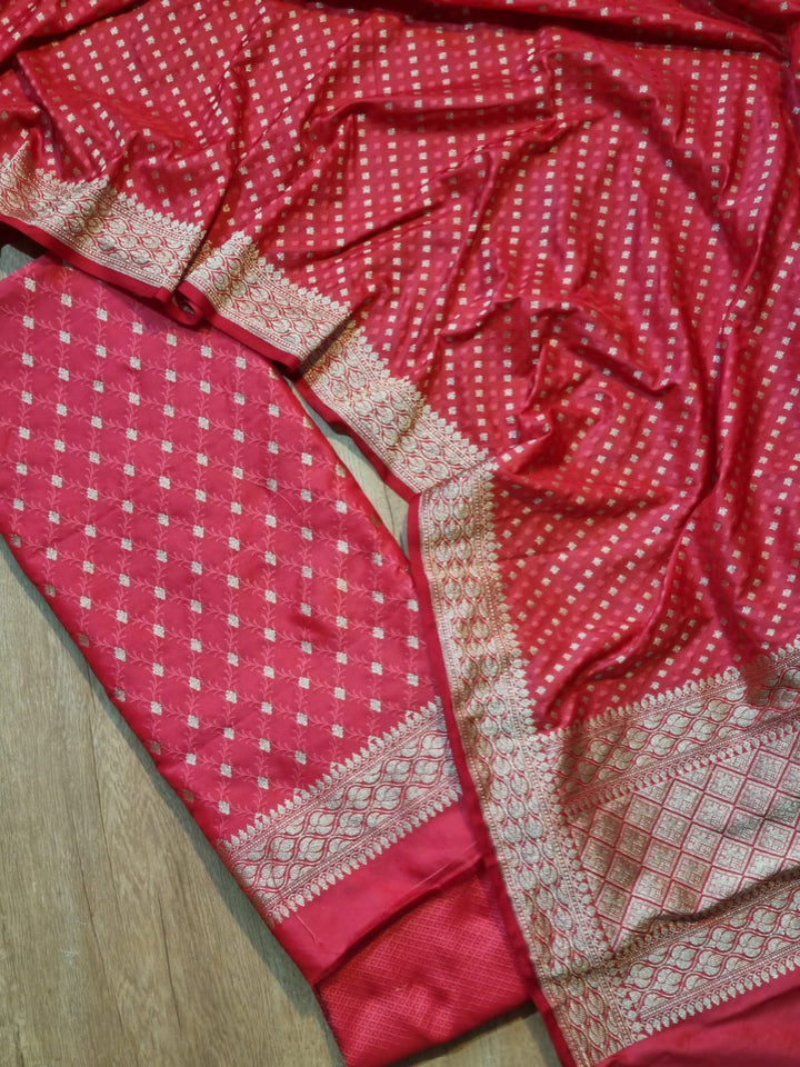 Red Color Pure Banarasi Satin Silk Meena Work Unstitched Suit