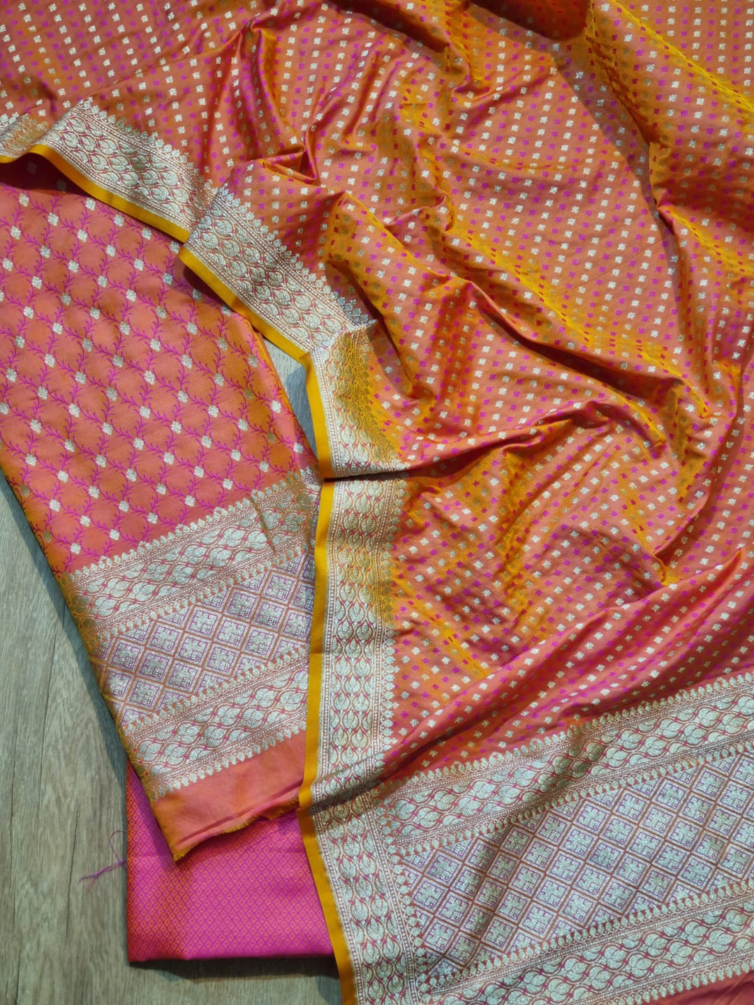 Peach Color Pure Banarasi Satin Silk Meena Work Unstitched Suit