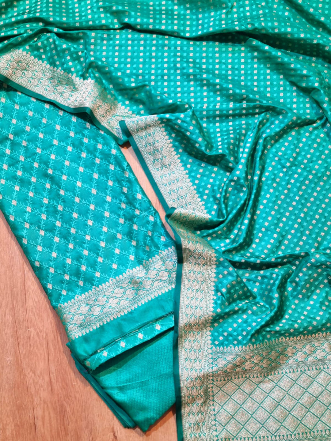 Sky Blue Color Pure Banarasi Satin Silk Meena Work Unstitched Suit