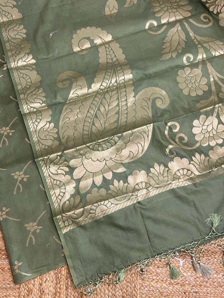 Pure Banarasi Chanderi Silk Unstitched Suit with Zari woven Dupatta