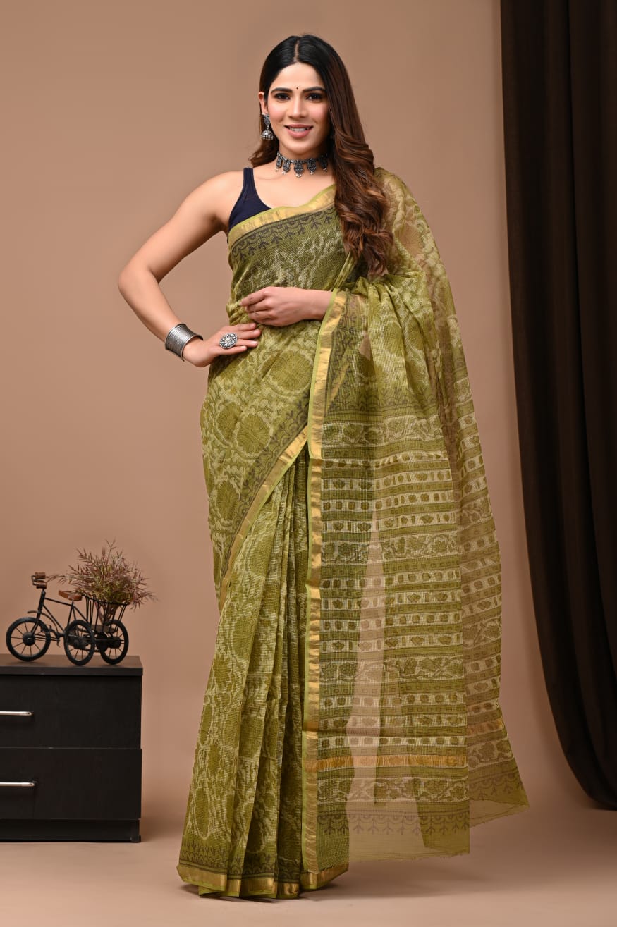 Pure Cotton Kota Doriya Block Print Saree With Blouse