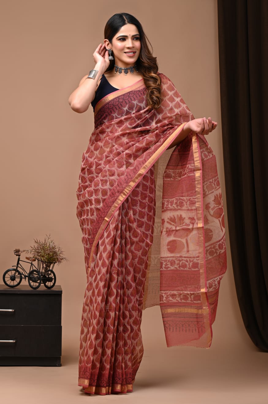 Pure Cotton Kota Doriya Block Print Saree With Blouse