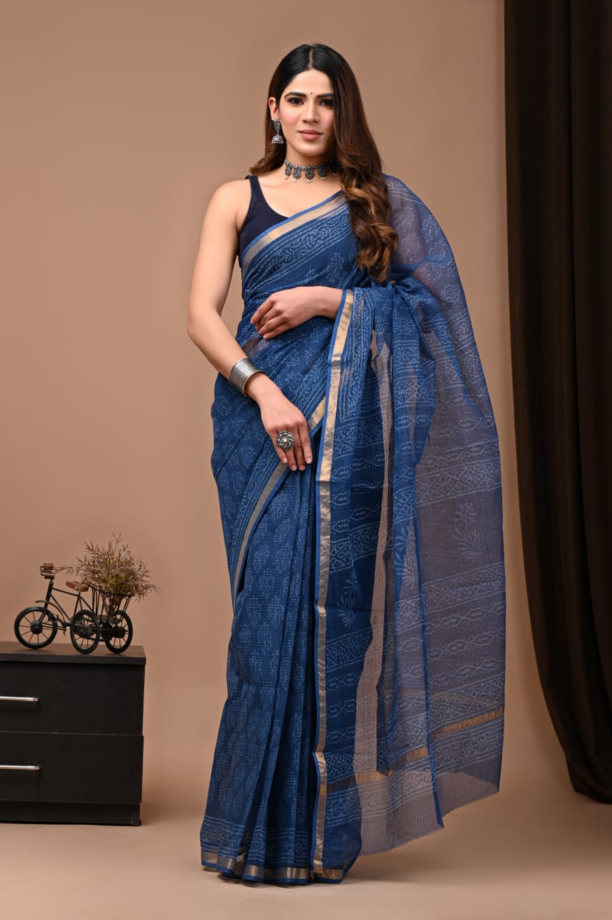 Pure Cotton Kota Doriya Block Print Saree With Blouse