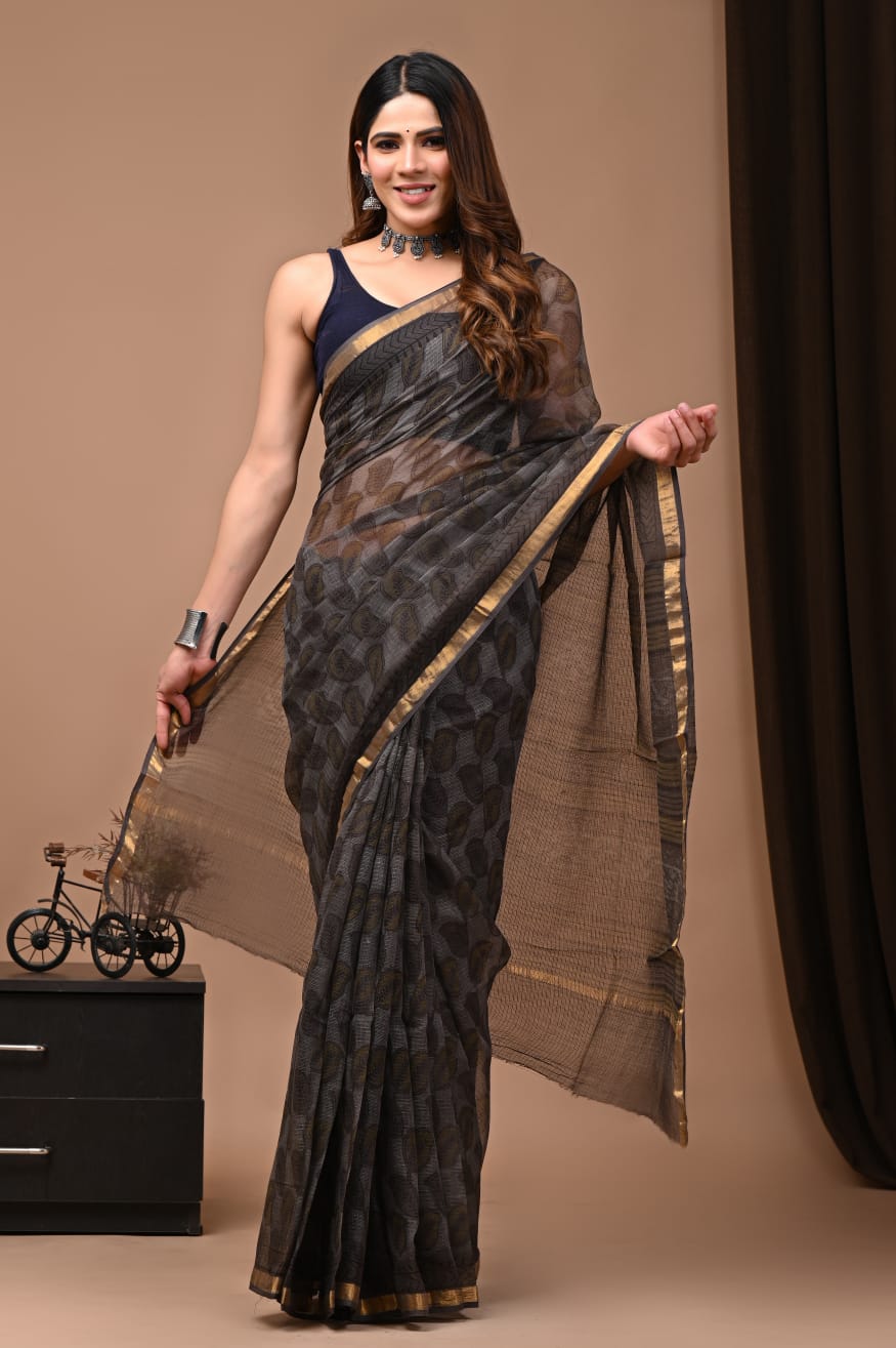 Pure Cotton Kota Doriya Block Print Saree With Blouse