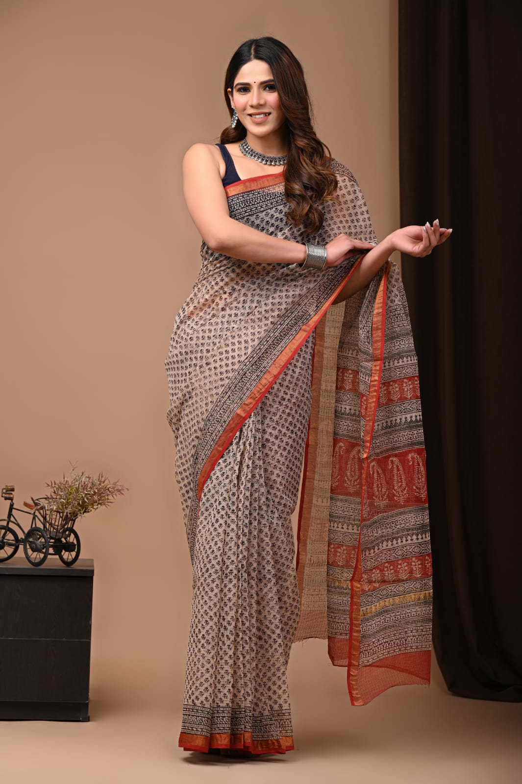 Pure Cotton Kota Doriya Block Print Saree With Blouse