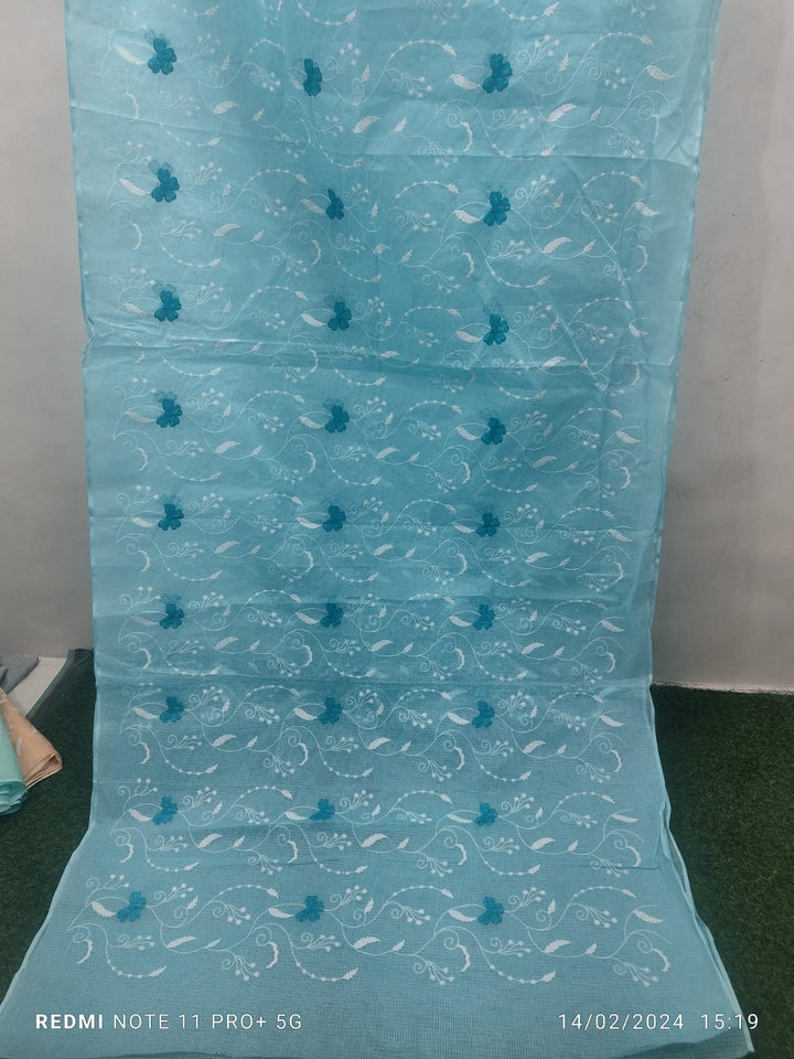 Kota Doria Embroidered Saree in Turquoise color