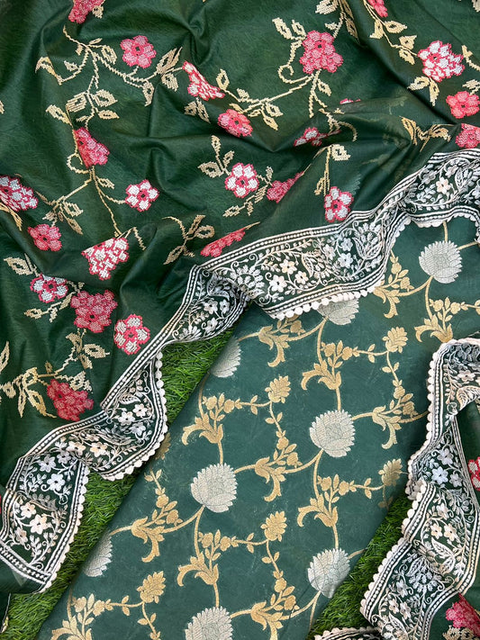Beautiful Green Color Banarasi Chanderi Unstitched Suit