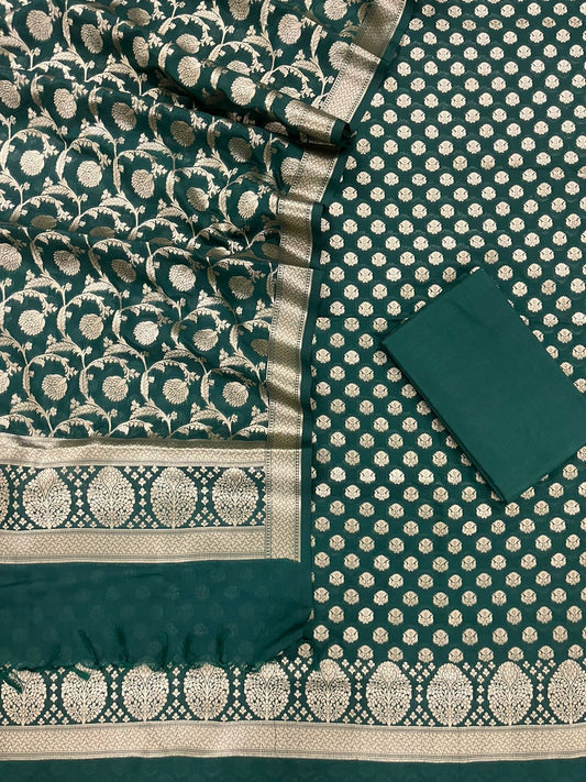 Green Color Pure Banarasi Katan Silk Georgette Unstitched Suit