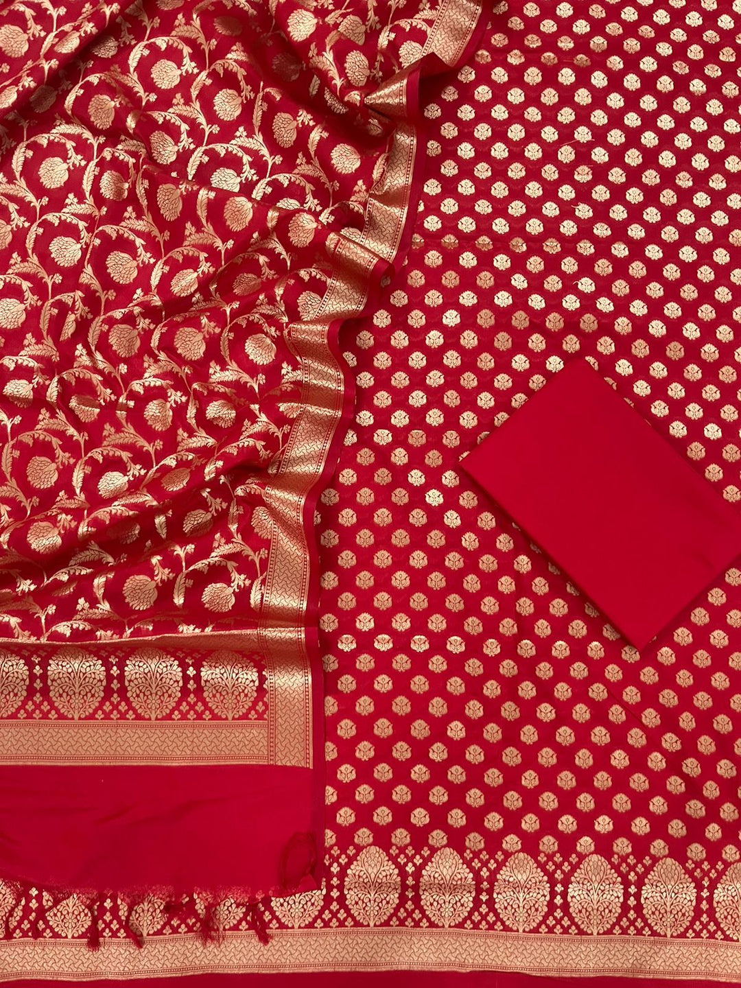 Red Color Pure Banarasi Katan Silk Georgette Unstitched Suit