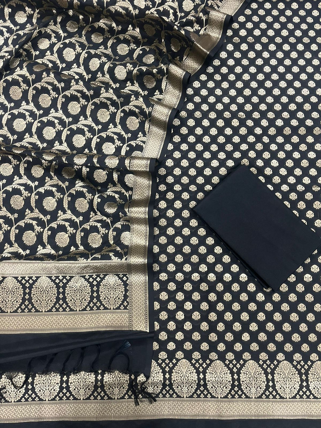 Black Color Pure Banarasi Katan Silk Georgette Unstitched Suit