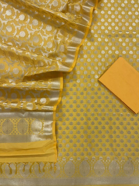 Yellow Color Pure Banarasi Katan Silk Georgette Unstitched Suit