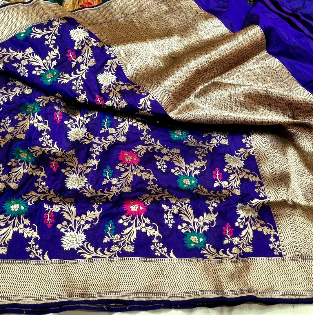 Pure katan silk Hand Weaved Multi meena jaal work Saree