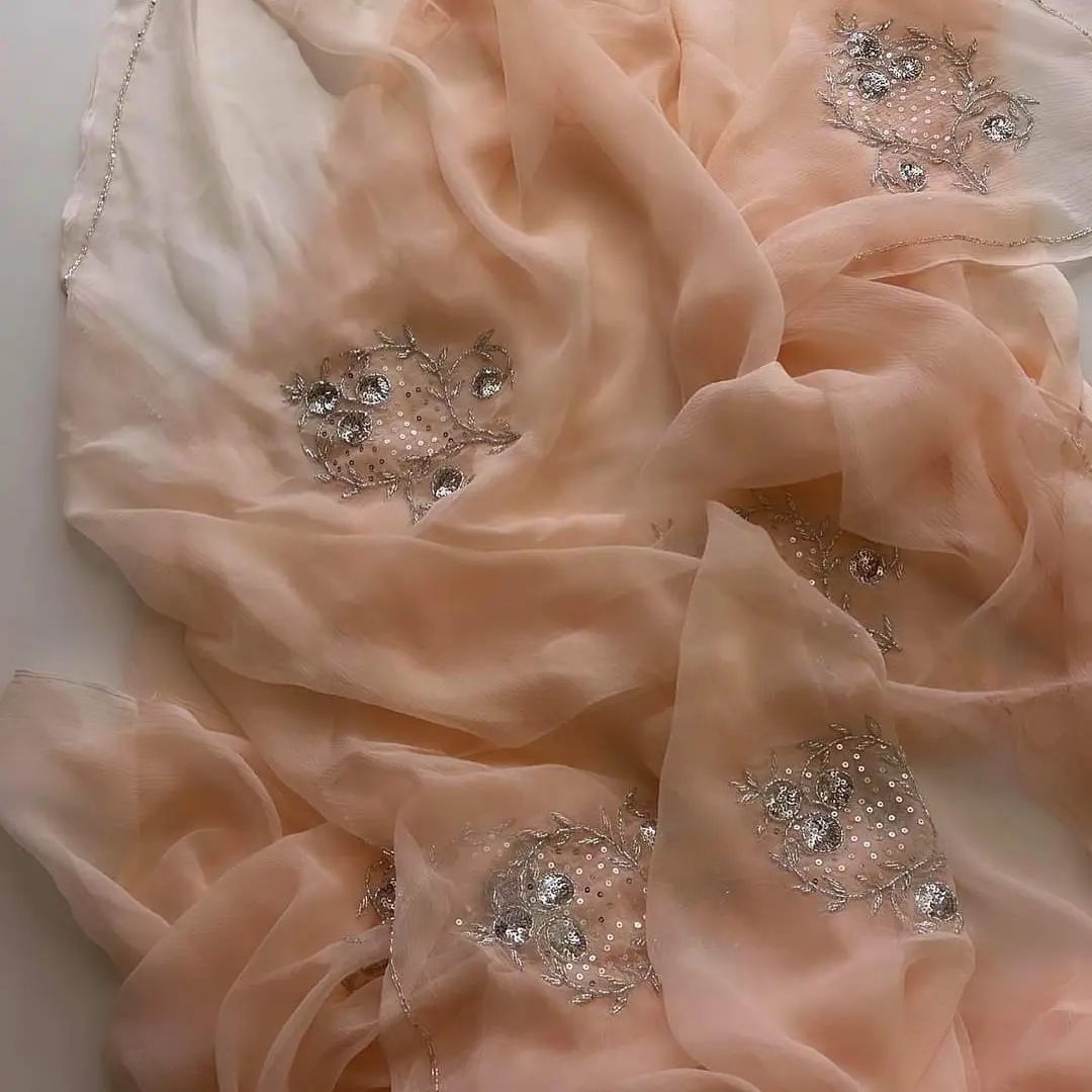 Cream Color Pure Diamond Chiffon Saree with Beautiful Motifs β fab-persona