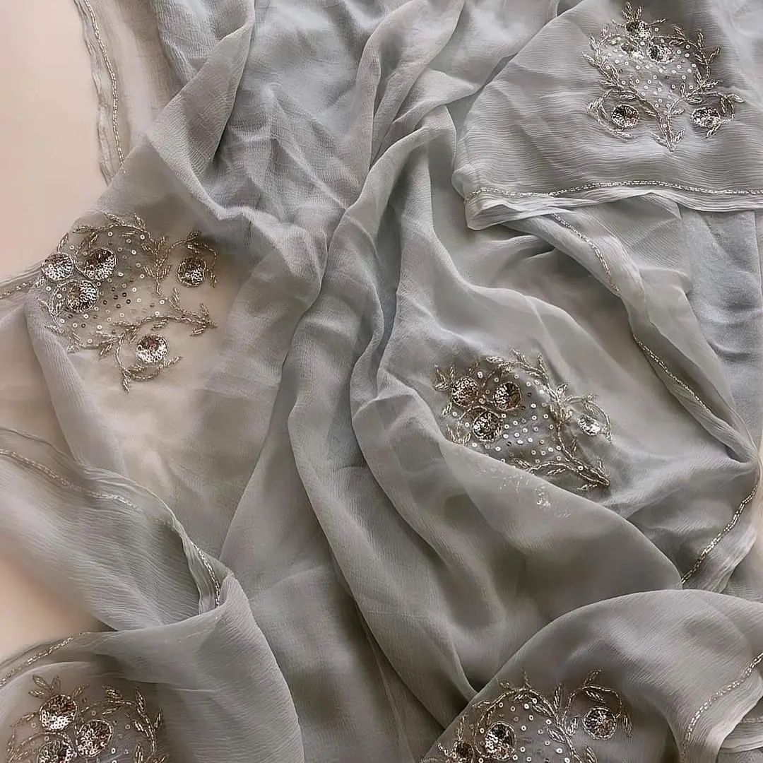 Grey Color Pure Diamond Chiffon Saree with Beautiful Motifs
