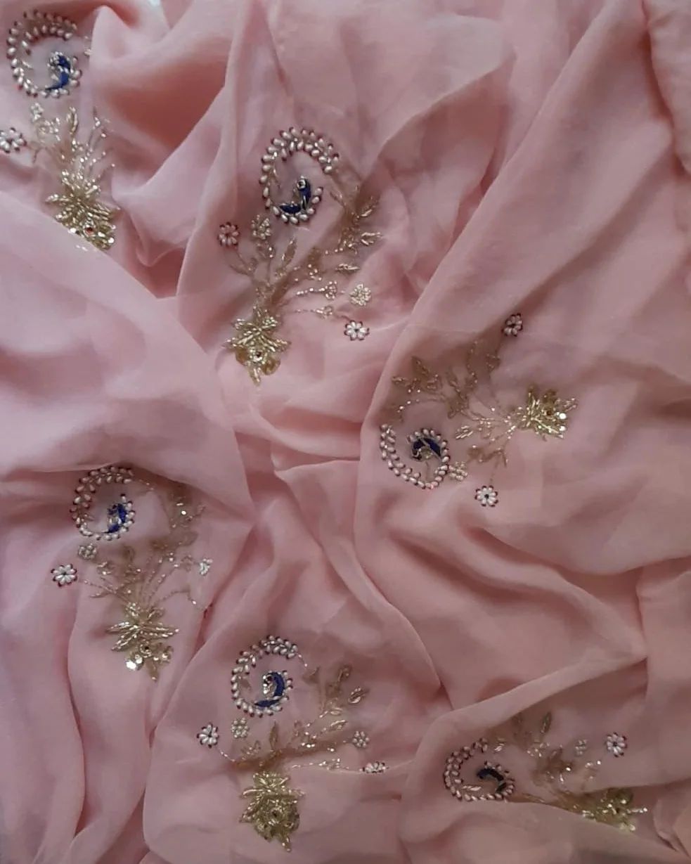 Onion Pink Color Pure Diamond Chiffon Saree with Beautiful Motifs